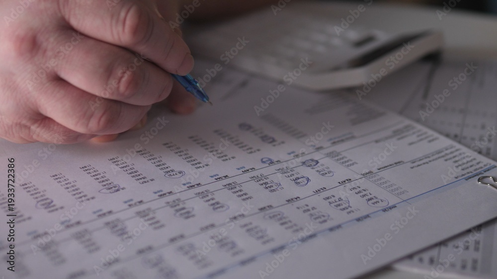 Obraz premium Person writes notes on paper while using a calculator at a desk to manage financial information during a work session in an office environment