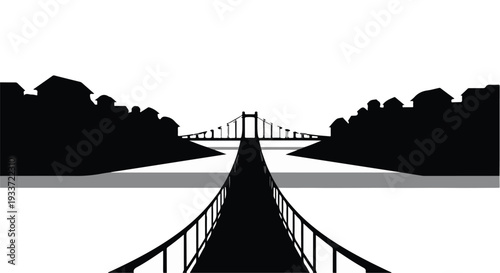 Dramatic silhouette of a suspension bridge spanning a wide river towards a distant city skyline