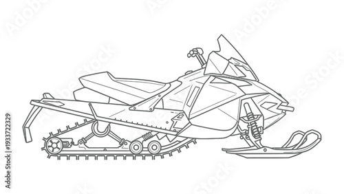 Snowmobile Schematic: An artistic outline of a modern snowmobile, showcasing its intricate mechanical components and sleek design.