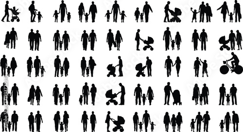 Black silhouettes of families walking with children, parents with strollers, couples holding hands, and people outdoors on white background for design