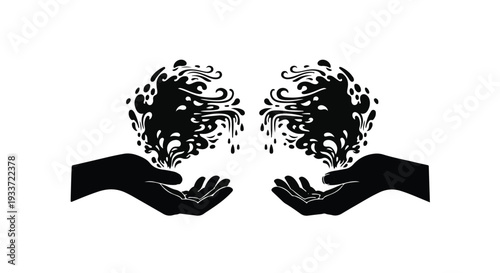 Abstract black liquid splashes from open hands against a white background, symbolizing creation or transformation.