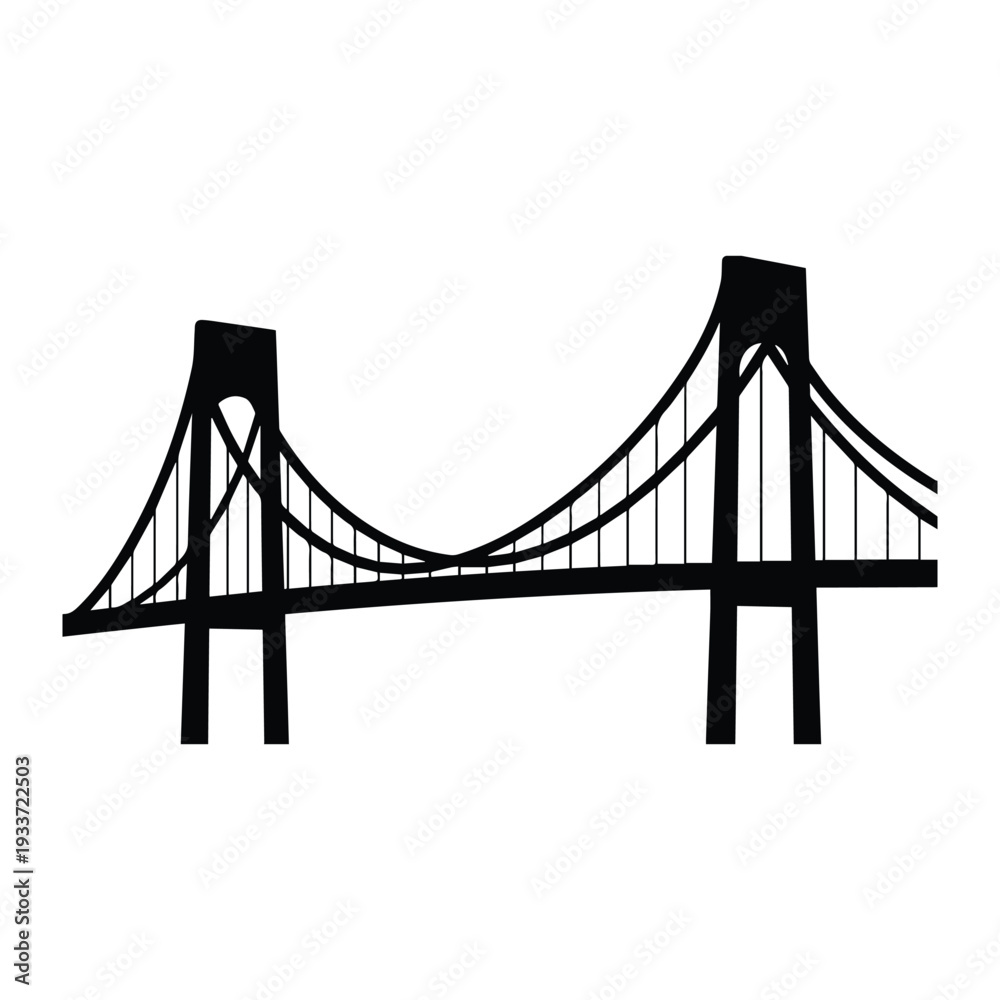 Obraz premium Suspension bridge with tall towers and curved cables, side view Icon Silhouette vector black design on a white background