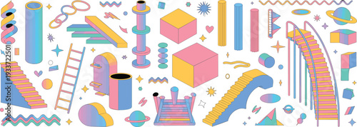 Vibrant retro geometric abstract illustration, colorful 3D shapes stairs columns gradients Memphis style vector background design