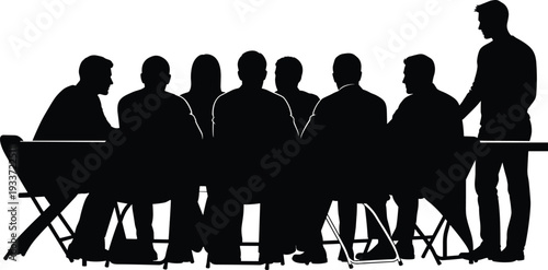 Black silhouette of business people sitting at table for conference meeting, corporate team discussion, professional seminar group, and office work collaboration
