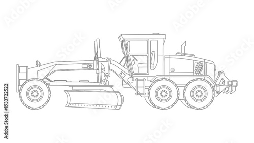 Motor Grader Illustration: A detailed outline of a motor grader, a powerful construction machine, presented with precision, perfect for illustrating industrial projects and construction themes.