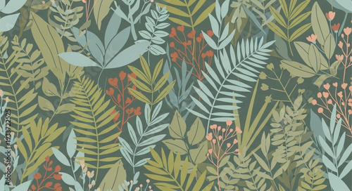 Seamless pattern of various tropical leaves and plants.