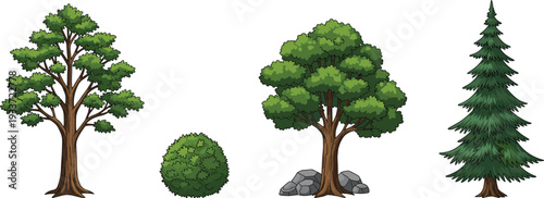 Collection of various green trees and bushes vector illustration, forest nature elements set, outdoor environment landscape design assets, isolated