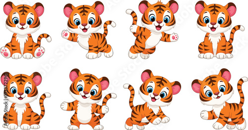 Cute tiger cub cartoon character set with different poses like sitting waving and walking isolated on white background for kids