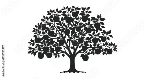 A striking black silhouette of an apple tree laden with fruit representing autumn and growth silhouette high quality