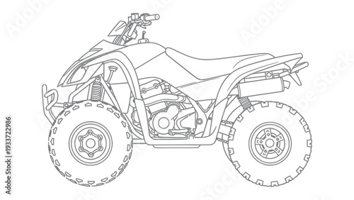 All-Terrain Vehicle Outline: Detailed line drawing of an all-terrain vehicle, showcasing its rugged design and features, perfect for outdoor adventures and off-road exploration.