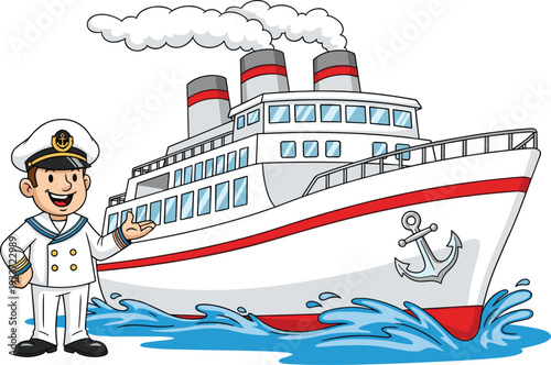 Cute cruise ship cartoon with a friendly sea captain character sailing on ocean waves isolated on white background for kids