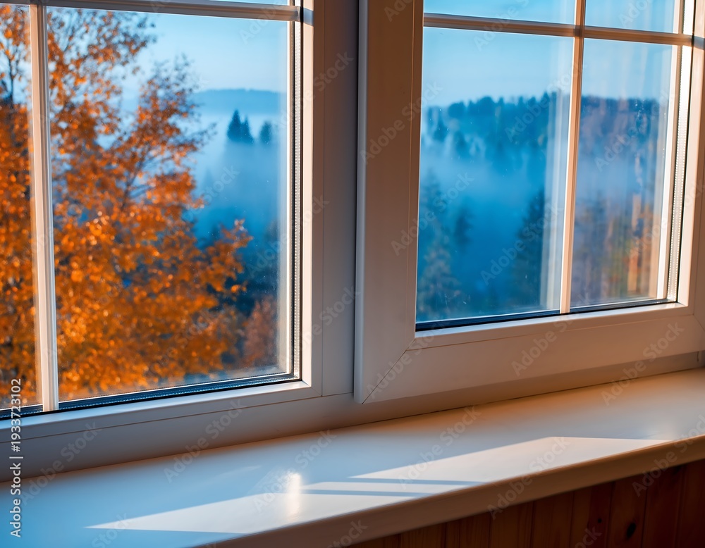 Fototapeta premium Bright window view of a misty autumn forest with vibrant orange trees and a sunny windowsill.