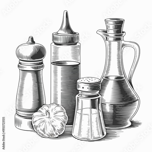 Vintage Engraved Kitchen Condiment Bottle Illustration Set