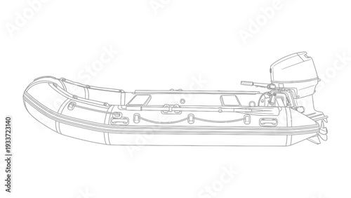 Inflatable Boat with Outboard Motor Outline: A meticulously drawn outline of a modern inflatable boat, complete with an outboard motor, ready for adventure on the water.