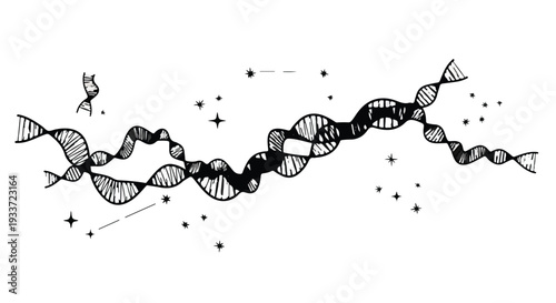 Intricate hand-drawn DNA helix with celestial elements symbolizing life's blueprint and cosmic connections