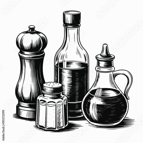 Vintage Engraved Kitchen Condiment Bottle Illustration Set