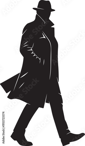 Silhouette of a detective in a trench coat and fedora hat walking with his hands in his pockets, a classic representation of mystery and intrigue