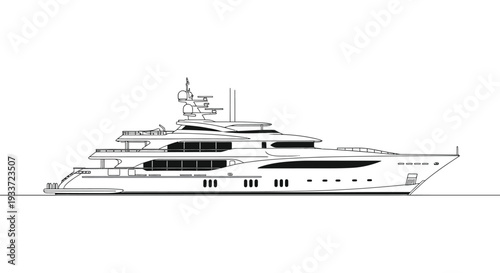 A detailed line drawing depicts a large luxurious yacht floating on calm waters a striking silhouette high quality