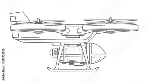Drone Silhouette: A modern drone design is depicted in stark outline against a clean backdrop, showcasing its functional components and aerodynamic form.