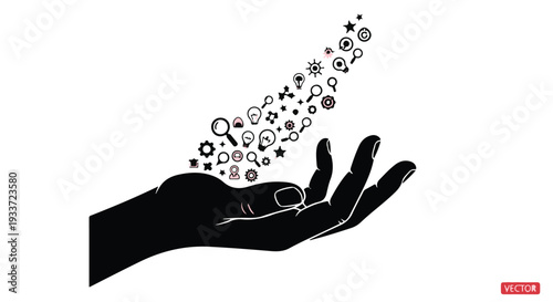 Open hand releasing a stream of diverse icons and symbols, representing ideas and information flow.