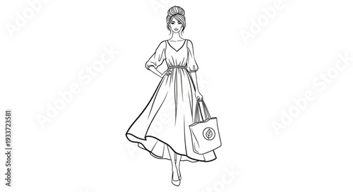 Woman in Vintage Dress Walking.