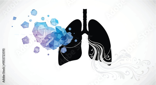 Abstract artistic representation of healthy lungs transforming into damaged lungs with smoke and geometric shapes.
