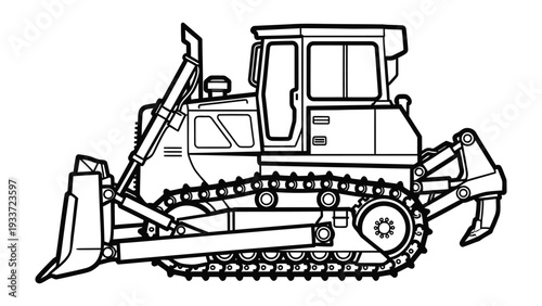Bulldozer Outline: A detailed outline of a powerful bulldozer, showcasing its robust design and heavy-duty capabilities, poised for action in the construction domain.