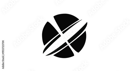 Abstract black and white circular logo with dynamic intersecting lines suggesting motion and innovation.