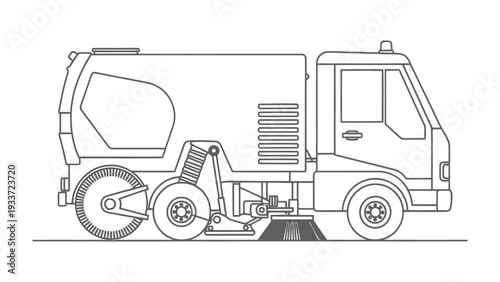 Street Sweeper Vehicle: A detailed illustration of a street sweeper vehicle, designed for urban cleaning and environmental maintenance.