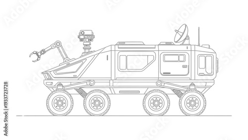 Rover Explorer: A detailed illustration of a futuristic rover, the explorer ready for missions in space, stands out against a backdrop ready to embark on intergalactic mission 