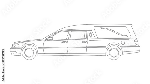 Hearse Illustration: A detailed line drawing of a hearse, representing a symbol of respect and remembrance, conveying a sense of dignity and solemnity.