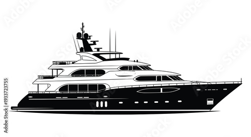 A striking black and white illustration of a luxury yacht prominently displayed as a silhouette high quality professional