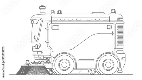 Street Sweeper in Detailed Line Art: A clean, precise line drawing showcases the intricate details of a modern street sweeper. Emphasizing functionality and design with artistic precision.