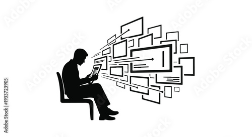 Man absorbed in digital information stream emanating from tablet, symbolizing data overload and connectivity.