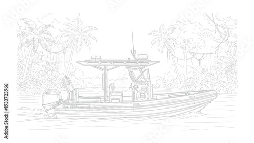 Motorboat Amidst Tropical Flora: A sleek motorboat cruises through a lush tropical environment, its form silhouetted against the dense vegetation. It embodies adventure and the allure of exploration.