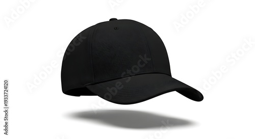 A black baseball cap with a curved brim and button on top is viewed from the side against a plain background.