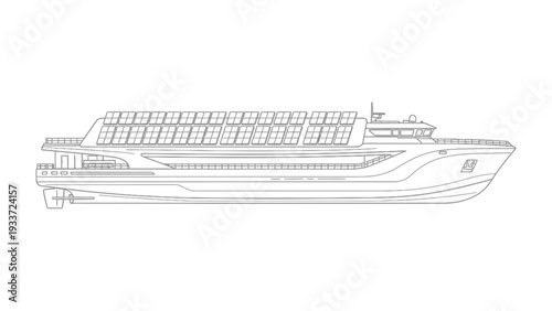Modern Ferry Illustration: A detailed outline of a sleek, contemporary ferry, showcasing its design and structure.