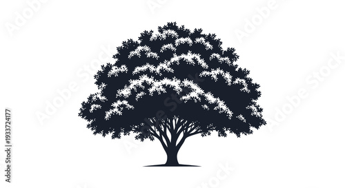 A detailed black silhouette of a large leafy tree with intricate branching patterns silhouette high quality professional detailed