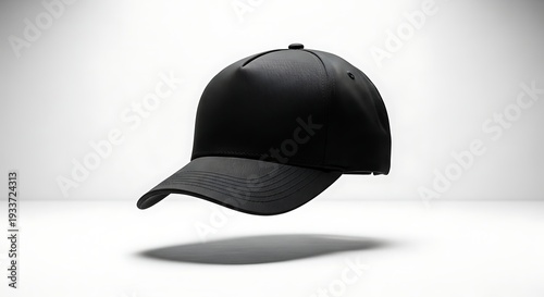 A black baseball cap floating in mid-air casting a shadow on a plain surface viewed from the side with a subtle shadow effect