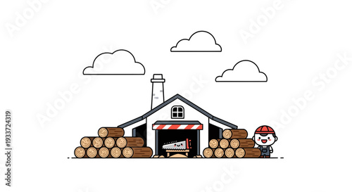 Lumberjack at Sawmill Vector Illustration, Cartoon Style Graphic for Industry, Construction