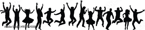 Silhouette of jumping people celebrating at party event, energetic crowd dancing with raised hands in joyful festival atmosphere isolated on white background