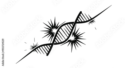 Abstract illustration of DNA helix with glowing energy bursts, representing scientific discovery and innovation