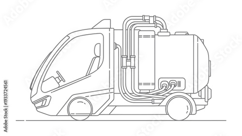 Tank Truck Outline: A minimalist outline of a modern tank truck, perfect for design and industrial concepts. Showcasing sleek lines and essential features.