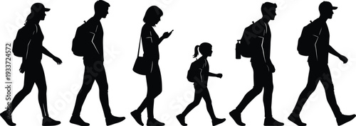 Silhouette of walking people collection, men women and child with backpacks isolated on white background, 