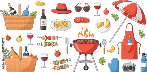 Summer picnic and barbecue party collection, grill skewers wine basket umbrella and food outdoor vector illustration set
