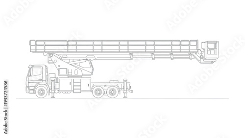 Aerial Lift Truck: A detailed line drawing showcases the intricate machinery of an aerial lift truck, ready to reach new heights and tackle any construction challenge.