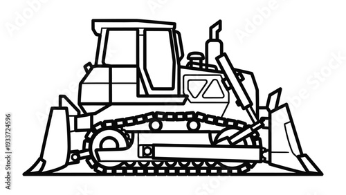 Bulldozer Illustration: A detailed black and white illustration of a robust bulldozer, emphasizing its powerful build and the complex machinery.