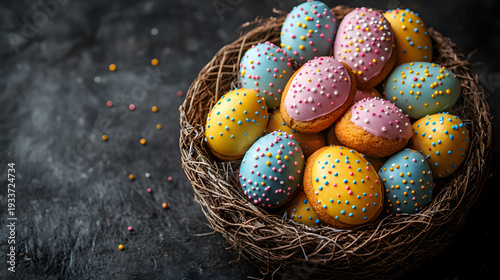 Colorful decorated eggs in a nest for Easter celebration on a dark background in spring season