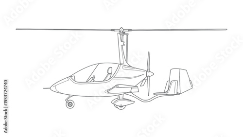 Gyrocopter Blueprint: A detailed outline of a gyrocopter, a unique aircraft, showcasing its distinctive rotor system and compact design. 