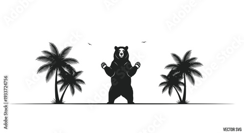 Bear Standing Between Palm Trees, Tropical Vibe, Silhouette Vector Art